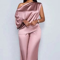 Ensemble long décontracté d'été pour femme en satin uni, coupe ample, 2 pièces, avec haut à manches courtes à col diagonal et pantalon (Polyester)