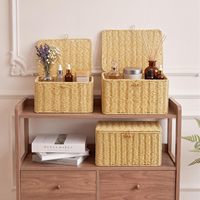 Panier de rangement en rotin tressé écologique avec couvercle, idéal pour la buanderie, la chambre, le salon, un panier de décoration pour la maison