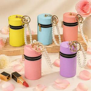 Premium PU Leather <b>Mini</b> Lipstick Case with Pearl Keychain Portable Cylinder Makeup Bag for Gift OEM - Product Image 1
