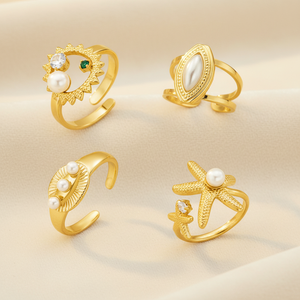 HB0760 Anillo Abierto de Acero Inoxidable con Estrella de Mar y Perla, Estilo Boho, Ojo de Sol en Oro de 18k, Ajustable, para <span class=keywords><strong>Mujer</strong></span>, Joyería de Moda - Product Image 1