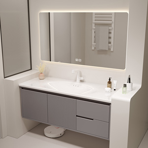 Meuble-lavabo minimaliste flottant avec miroir intelligent anti-buée, meuble-lavabo avec armoire et rangement à tiroirs - Product Image 2