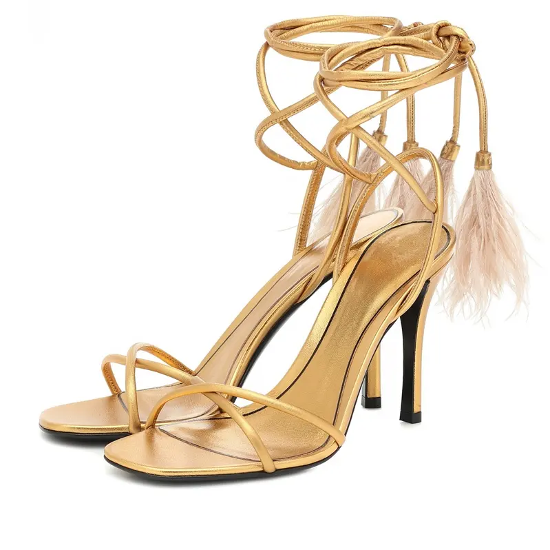 High lever trendy women's shoes yellow and gold color thin heels for women ladies sandals with feather tassel fashion model