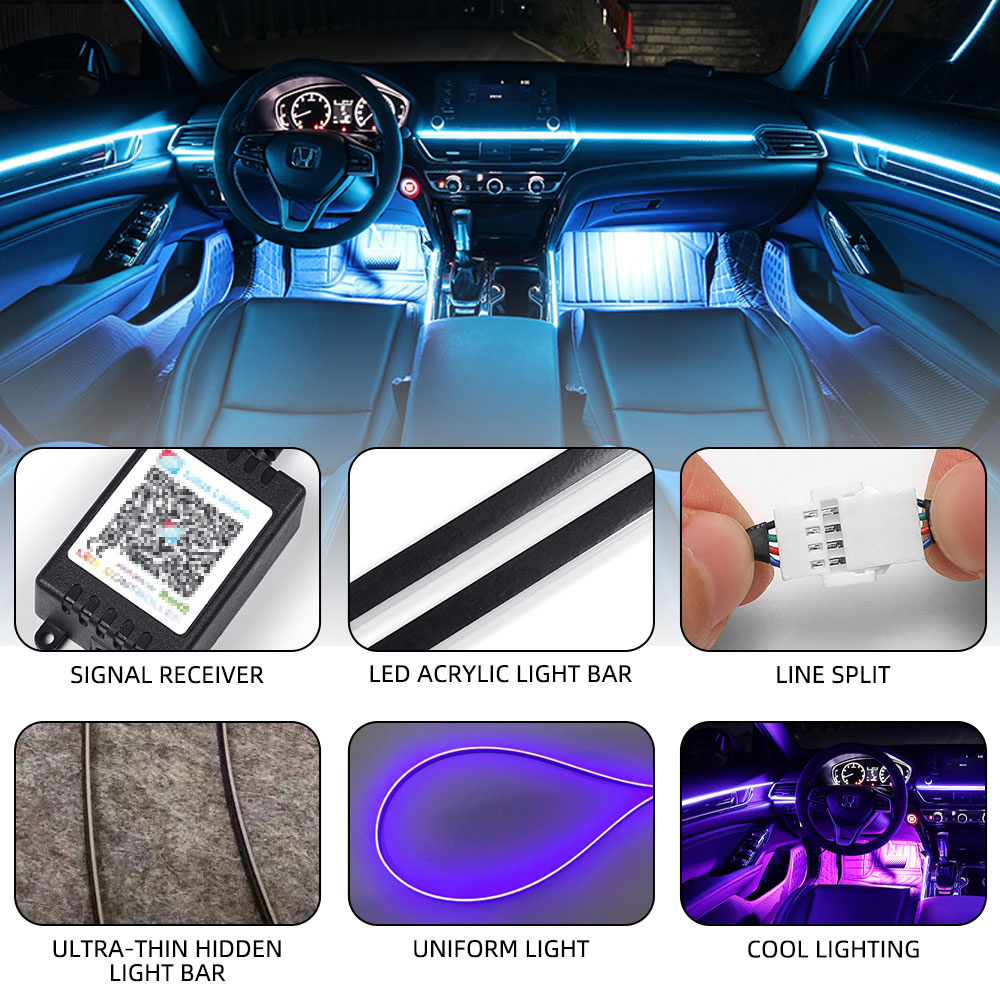 Kit Lumière Ambiante Voiture TABEN - RGB APP + Télécommande, Fibre Optique 8m