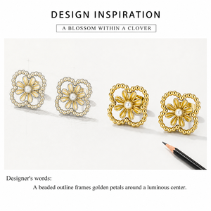 Boucles d'oreilles clous Daisy Clover en acier inoxydable plaqué or 14K sous vide, avec cadre perlé imitation perle, bijoux 11mm - Product Image 2