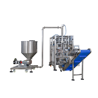 Machine d'emballage verticale automatique VFFS pour sauces avec pompe à rotor, machine d'emballage de sauces épaisses et liquides (pâte, sauce chili) 15-35 sachets/min