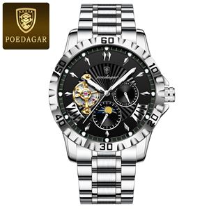 Montre mécanique automatique pour homme Poedagar, cadran rond de 43 mm, bracelet en acier inoxydable, étanche, affichage lumineux des phases lunaires - Product Image 5