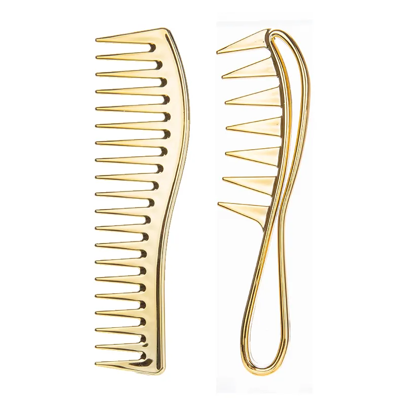 2pcs Wide Tooth Hair Combs para Cabelos Encaracolados Gold Plastic Hairstyle Large Tooth Comb Cabelo Detangling Comb para Homens Ondulado Barber