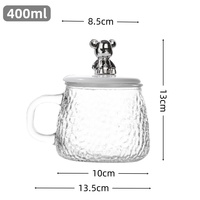 Mug à café en verre martelé de 400 ml avec poignée et couvercle en forme d'ours, design élégant, tasse en verre en forme d'ours avec cuillère