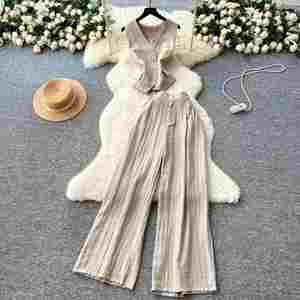 Ensemble décontracté d'été 2 pièces pour femme : Haut tunique respirant sans manches à col en V et bas taille haute – Vente en gros - Product Image 2