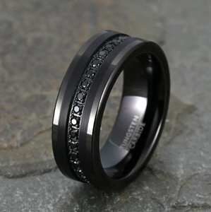 8mm <strong>Black</strong> Tungsten <strong>Ring</strong> For Men Women Engagement Promise Wedding <strong>Diamonds</strong> Band Princess Cz Stone Inlay Comfort Fit - Product Image 2
