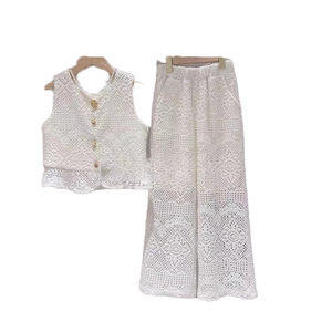 Set di abiti Casual alla moda <span class=keywords><strong>per</strong></span> ragazze adolescenti estivi senza maniche camicia di pizzo e <span class=keywords><strong>pantaloni</strong></span> in tessuto a tinta unita - Product Image 3