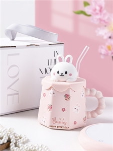 Vente en gros de tasses à bec pour enfants, mignonnes, en céramique, avec couvercle, motif lapin 3D, 400 ml, pour le petit-déjeuner, sublimation - Product Image 5