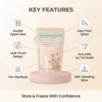 Sacs de conservation du lait maternel jetables en PE sans BPA, 6 oz et 8 oz, pré-stérilisés, autoportants, anti-fuite, avec double fermeture éclair