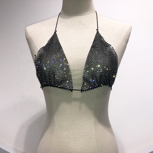 Costume da bagno bikini da spiaggia sexy trasparente in rete nera GF025 da donna, top corto senza maniche con strass - Product Image 1