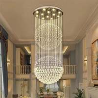 Lustre en cristal à double sphère longue pour escalier, luminaire suspendu LED moderne en cascade de gouttes de pluie de luxe pour plafonds hauts