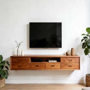 Meuble TV mural flottant BALOM personnalisé en bois avec tiroirs de rangement, console multimédia de style nordique pour salon - Product Image 4