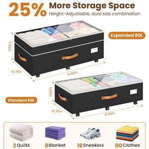 Contenedor de Almacenamiento Rodante Ajustable de 80L para Debajo de la Cama con Ruedas y Tapas Transparentes para Dormitorios, Hogar, Ropa y Mantas - Product Image 2