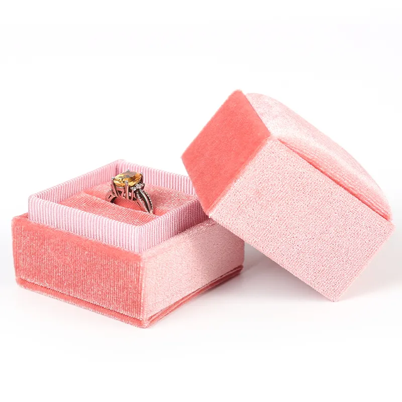 Factory supply Korea pink display vintage red custom logo luxury packaging box velvet wedding jewelry ring box