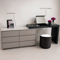 Ensemble coiffeuse deux pièces avec commode à 6 tiroirs, miroir dissimulé, gris clair, fermeture douce avec tiroirs pour chambre à coucher et décoration intérieure