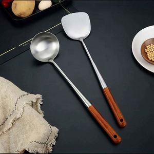 Cuillère en acier inoxydable 304 avec manche en bois, ustensiles de cuisine, ensemble d'ustensiles de cuisine en acier inoxydable - Product Image 2