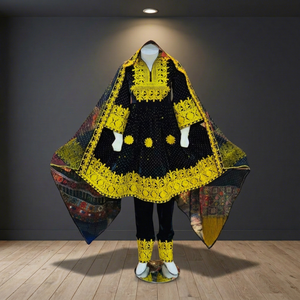 Black Embroidered Vintage Chiffon <b>Dress</b> Set with <b>Long</b> Sleeve and Yellow Pattern for <b>Girls</b> Pakistan Style All Seasons Wear - Product Image 1