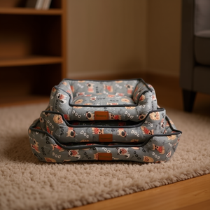 Set di Tre Pezzi per Cuccia per Cani in Lino Stampato, Fondo Grigio, per Letti per Animali Domestici - Product Image 3