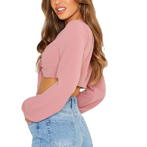 Chemisier décontracté à manches longues et couleur unie avec nœud frontal pour <span class=keywords><strong>femme</strong></span> – Crop top sexy à nouer - Product Image 2