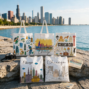 Sac de courses réutilisable en toile Paterr personnalisable sur le thème de la ville de Chicago - Taille moyenne, longue poignée, souvenir de voyage pour femme - Product Image 3