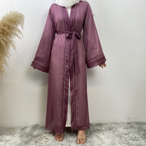 1425 # Nouvelle Abaya en Soie Transparente et Polyester de Luxe avec Bordure Diamantée et Poches, Abaya Ouverte pour Femmes, 4 Couleurs - Product Image 3