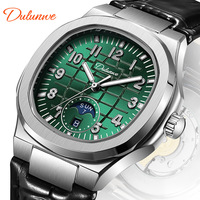 Montre mécanique automatique pour homme Dulunwe 6086A, phase de lune, jour et date, bracelet en acier massif et cuir, montre de business lumineuse et étanche