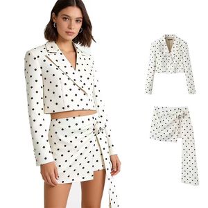 Women's 2-Piece Fashion Polka Dot Irregular Half-Body Ribbon Vintage Blazer <b>Coat</b> & <b>Skirt</b> Set - Product Image 1