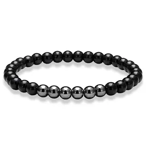 Hot Selling Multicolored Metal Bead Stretch Bracelet Jewelry Elastic Natural Black Stone Beaded Bracelet Women