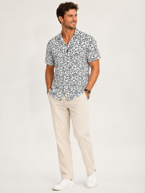 Men's Casual Summer Shirt 100% Cotton Anti-Wrinkle Breathable Anti-Shrink Printed Short Sleeve Turn-Down Collar OEM Service