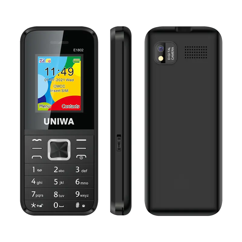 Uniwa E1802ซิมการ์ดคู่ขนาด2.4นิ้วแบตเตอรี่1800mAh ราคาต่ำวิทยุเอฟเอ็มไร้สาย GSM หน้าจอใหญ่โทรศัพท์มือถือมีสินค้าในสต็อก