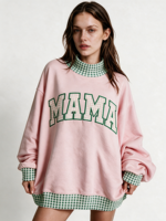 Sweat-shirt à col montant brodé patchwork pour femme, en molleton de coton, manches longues avec détail manches bouffantes, pull d'automne, vente en gros