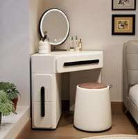 Coiffeuse moderne en bois de pin avec miroir LED tactile éclairé, table de maquillage triangulaire et armoire de rangement intégrée
