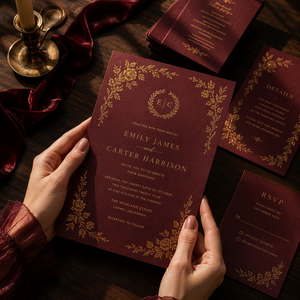Suite de papeterie de mariage personnalisée bordeaux avec invitation, menu, marque-place et <span class=keywords><strong>carte</strong></span> de remerciement, dorure à chaud, pour thème vigne d'automne, papeterie d'automne, faible MOQ - Product Image 4