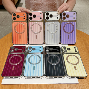 Coque de téléphone magnétique à rayures ondulées électroplaquées pour iPhone 18 17 16 15 14 Pro Max avec protection d'objectif rayée et dos rouge cerise - Product Image 2