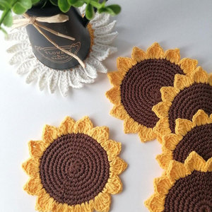 Posavasos de Girasol Hechos a Mano, de Hilo de Algodón Marrón y Amarillo, 10-11 cm de Diámetro, Venta en Línea, para Tazas, Decoración del Hogar - Product Image 4