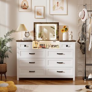 Commode en bois style ferme avec <span class=keywords><strong>miroir</strong></span> LED, 8 tiroirs, coiffeuse pour chambre à coucher, salon, chambre d'enfant, écologique - Product Image 1