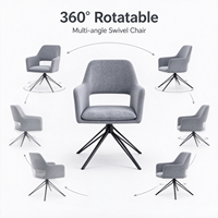 Fauteuil moderne en tissu gris rembourré avec dossier découpé unique et base pivotante à 360 degrés en métal noir robuste, chaise de salle à manger