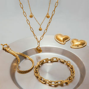 Moda de acero inoxidable Paperclip cadena collar corazón colgante collar Mujeres 18K chapado en oro pulsera collar conjuntos joyería - Product Image 4