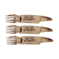 Carte de forme spéciale fourchette-couteau en carton C2S 300 g/m² avec impression 4 couleurs et pelliculage mat, découpe personnalisée pour billet d'événement