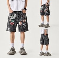 Shorts en jean déchirés pour homme, broderie écusson Dark Street, coupe droite ample, style urbain, été