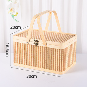 Bamboo <b>Woven</b> <b>Baskets</b> Rectangular Gift Boxes For Fruits Eggs Meat Handheld Carrying With Lid And Handle - Product Image 3
