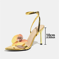 Sandalias Metálicas Doradas para Mujer, Tacones de Aguja, Flor de Orquídea 3D, Punta Puntiaguda, Correa en el Tobillo, Zapatos de Vestir para Fiesta de Verano, Nuevos