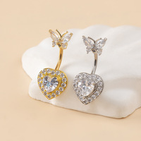 Nouveaux Piercings de Nombril Papillon Cœur CZ, Bijoux de Piercing de Nombril en Zircon Cubique, Piercing Corporel en Acier Inoxydable pour Femme