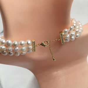 Natuur Natuur Zoetwaterparel En 3 Lijnen Choker Ketting, Messing Echte 18K Gold Plating Sluiting 13 Inch-16 Inch - Product Image 5