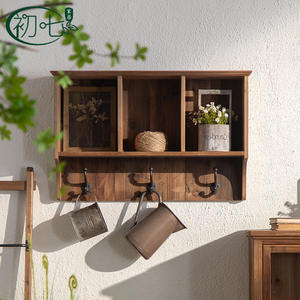 Wabi Sabi Solid Wood Wall <b>Shelf</b> Two Layer With <b>Hooks</b> For Entryway Display - Product Image 1