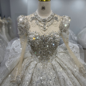 Robe de mariée de luxe perlée de Dubaï, modèle princesse, Xs117, robe de bal scintillante à manches longues illusion en dentelle pour la mère royale ou la mariée - Product Image 5